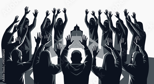 Silhouetted figures with raised hands in a worshipful gathering.