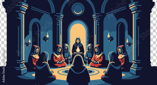 People in robes gather in a dimly lit circular room.