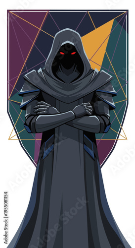 Dark hooded figure in armor with abstract background.