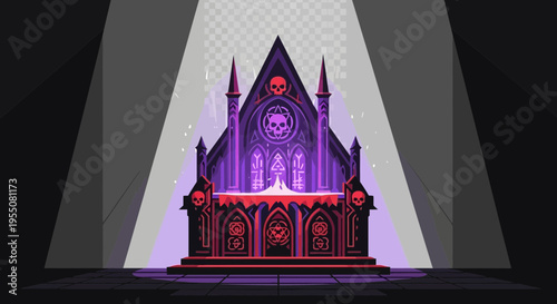 Ornate altar with skull symbol illuminated by purple light.