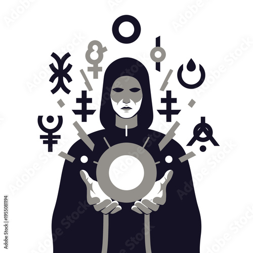 Person in dark robe holds glowing orb surrounded by symbols.