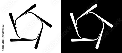 Abstract monochrome pentagonal swirl with five radiating curved lines. Minimalist geometric vortex with five-pointed symmetry for modern tech branding, logos, and kinetic design elements.