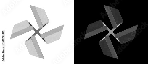 Abstract monochrome vector art with four radiating segments of parallel lines forming a kinetic pinwheel. Minimalist geometric cross for modern tech branding, logos, and high-energy graphics.