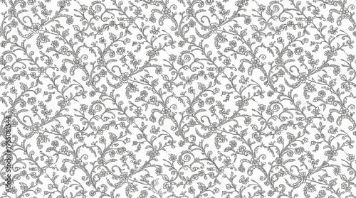 Intricate floral pattern featuring swirling vines and blossoms on a light background