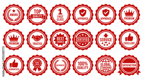 Collection of red quality assurance badges showcasing premium, certified, and trusted services