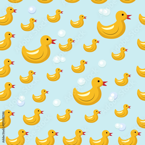 Seamless Pattern with Cute Yellow Rubber Ducks on Blue. vector seamless pattern featuring iconic yellow rubber ducks. perfect for bathroom decor, children's textiles, nursery wallpapers