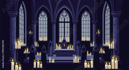 Dark gothic interior with many lit candles and tall windows.