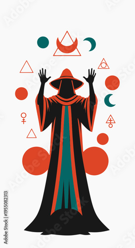 Figure in robe with celestial symbols and geometric shapes.