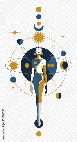 Celestial woman figure with cosmic elements and geometric patterns.