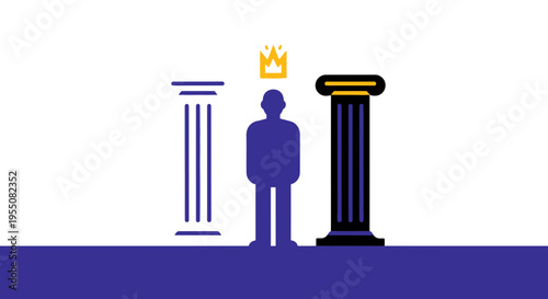 Figure wearing crown between two pillars on blue ground.