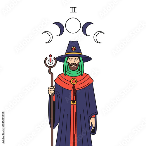 Wizard with staff and moon symbols against white background.