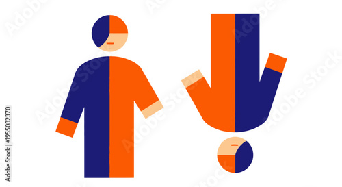 Two abstract figures, one upright, one inverted, split colors.