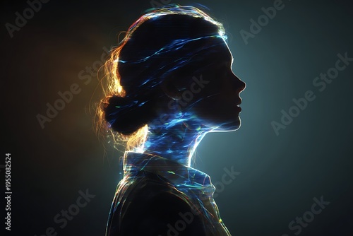 Silhouette portrait captures glowing abstract energy flowing through a person's profile
