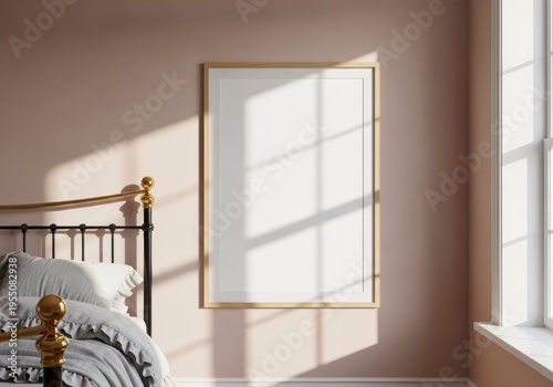 Blank framed poster on a pastel wall with soft sunlight casting shadows from a window