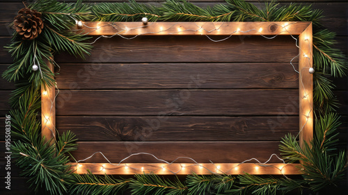 Holzrahmen mit Lichterkette und Tannengrün auf Holzboden