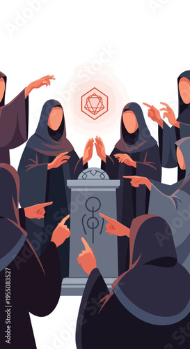 People in dark robes gather around a stone altar with glowing symbols.