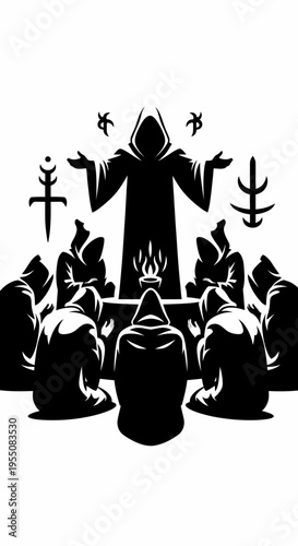 Silhouetted figures gather around a central robed figure in a ritualistic setting.