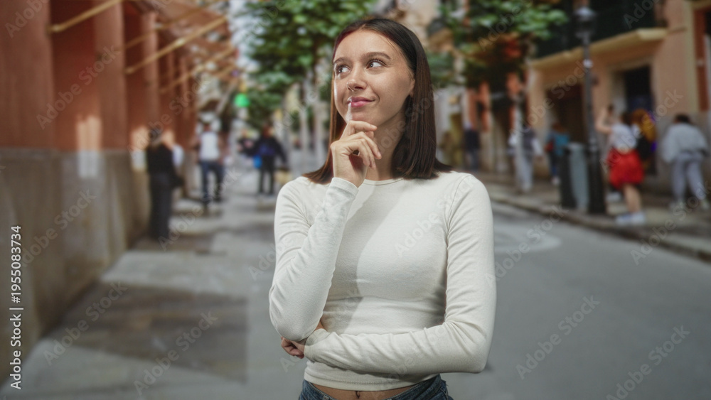 Fototapeta premium Woman finger to chin touching face on a street with blurred pedestrians and buildings; thoughtful confidence.