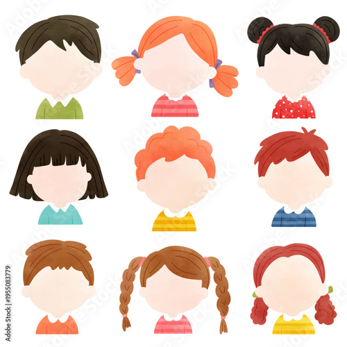 Cute watercolor style kids avatars set with different hairstyles, faceless children characters illustration.