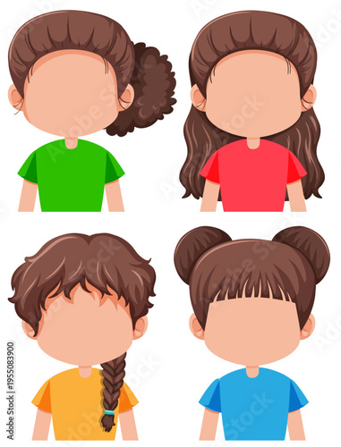 Cute faceless kids avatars with different hairstyles, colorful cartoon children portrait set illustration.