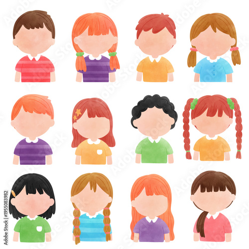 Watercolor kids avatar set with cute children characters and different hairstyles in soft pastel style.