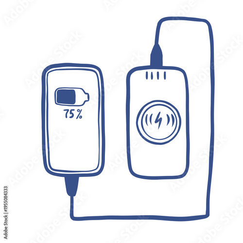 Hand drawn smartphone charging with wireless charger vector illustration. Minimal blue line art. Suitable for mobile apps, electronics stores, presentations, battery and charging guides