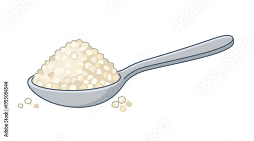 A teaspoon of beet sugar sand, a full spoonful of sweet, granulated crystals piled for sweetening food, depicted in a flat cartoon vector illustration on a white background