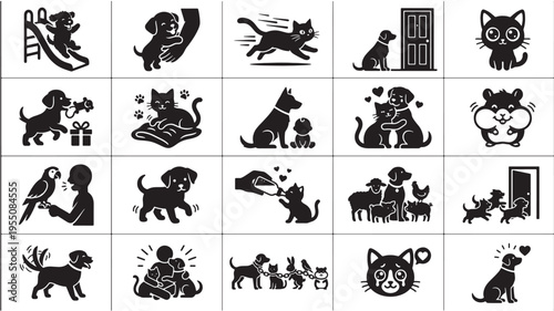A collection of black and white silhouette icons represents various interactions between people and domestic animals like dogs, cats, and birds.