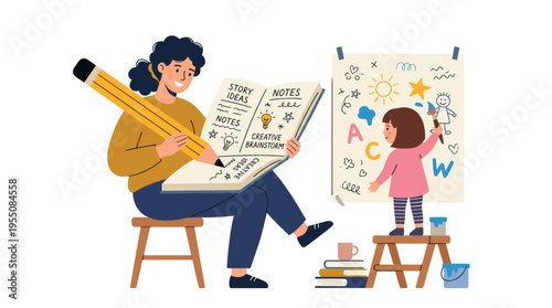 A person holds a big pencil; a tiny girl grips a drawing tool. The editor, author, copywriter, and creative woman take notes and sketch. The flat vector illustration is isolated on a white background
