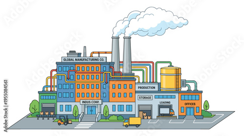 A modern industrial building, its facade featuring pipes that release gas, set against a white backdrop in a vibrant flat cartoon style