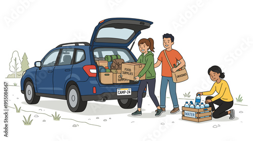 A flat vector cartoon shows young people unloading a car, with a couple near an open trunk carrying camp supplies, while a woman squats beside a box of water bottles