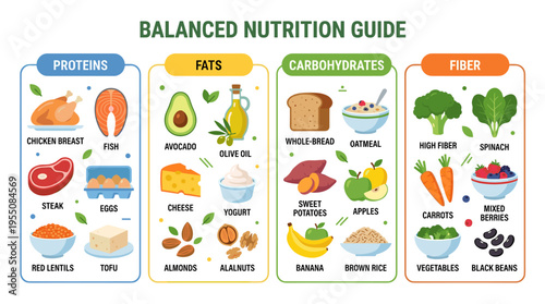 Proteins, fats, fibers, and carbohydrates. Food items, organized into eating groups, macronutrients, and balanced nutrition. Meat, fish, oils, dairy, and vegetables. A flat vector illustration on a