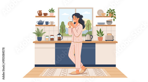 A young woman in a snug kitchen at a contemporary hygge home, standing with a mug, sipping tea on a holiday weekend, wearing pajamas, depicted in a flat vector illustration