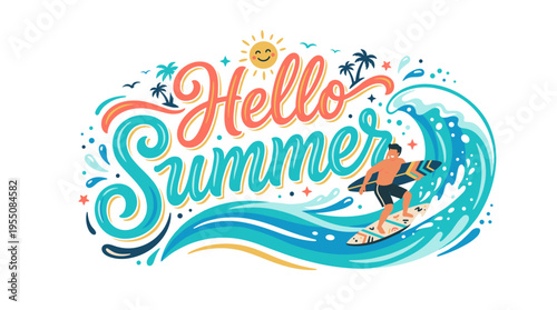 A “Hello Summer” hand‑lettered phrase in a creative cursive style, embellished with surfing wave motifs, elegantly handwritten on a white backdrop for a t‑shirt illustration