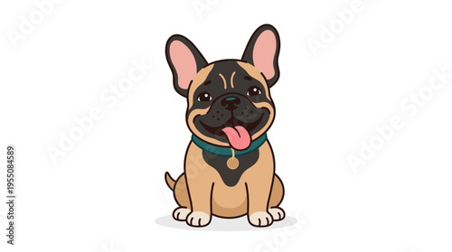 A charming French bulldog puppy, playful and adorable, sits happily in its collar, smiling with its tongue out, depicted as a flat vector illustration on a white background