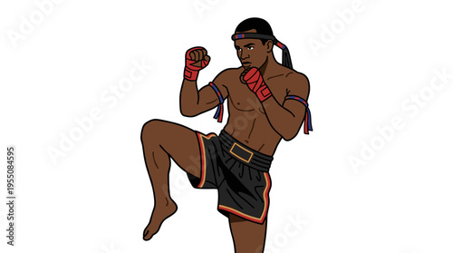 A Muay Thai fighter strikes a combat stance, depicted as a professional black athlete in an aggressive pose, rendered as a flat vector illustration on a white background
