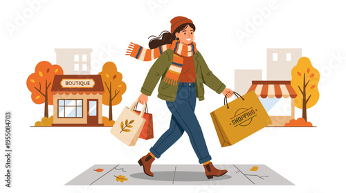 A stylish woman in a scarf walks outdoors, carrying shopping bags in a flat vector illustration