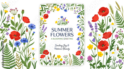 A floral card featuring a beautiful botanical backdrop of blooming flowers, framed by field plants, presented as a vertical poster with a blossomed postcard style, herbs, and summer wildflowers in a