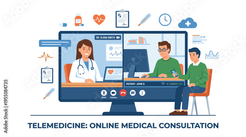 E‑health concept: online medical consultation, featuring remote doctor‑patient virtual interaction, a telemedicine web service, presented as a flat vector illustration on a white background