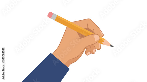 A simple pencil gripped in hand, the arm holding a sharpened drawing tool, fingers tightening the artist's basic instrument, a sketching supply, presented as a flat vector illustration against a