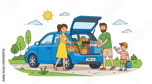 A family loads their car with an open trunk, getting ready for a summer picnic and trip, while parents and child head out by car over the weekend; the scene is a flat vector illustration on a white
