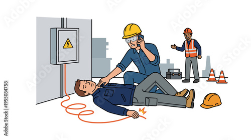 Electric shock emergency: first aid needed for an unconscious electrician collapsed near a wire and cable; workers face electrical and voltage hazards in a flat vector illustration on a white