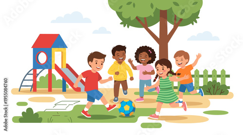 A bunch of kids playing ball in a kindergarten playground, engaging in outdoor activities and games, enjoying a healthy summer pastime, depicted as a colorful flat vector illustration on a white