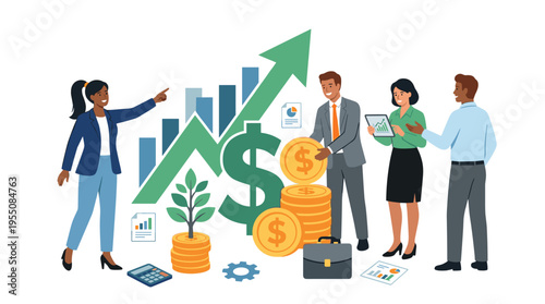 Corporate executives, collaborators, and currency, company income, and profits. The notion of financial capital, earnings, and profit. Corporate financial administration. A flat vector graphic set