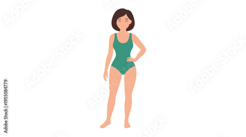 A woman wearing a swimsuit, showcasing an hourglass figure, depicted as a slim figure with a narrow waist, presented as a flat vector illustration on a white background
