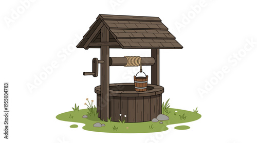 A weathered wooden well equipped with a bucket, rope, and crank, situated in a rural setting as a traditional source of water for drinking and farming, rendered as a flat vector illustration against