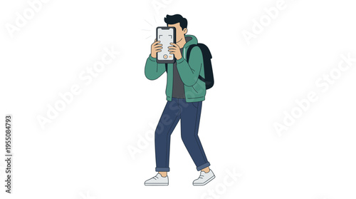 A man captures a photo with his mobile phone, concealing his face behind the device while holding the cellphone to take pictures and record video, depicted as a flat vector illustration on a white