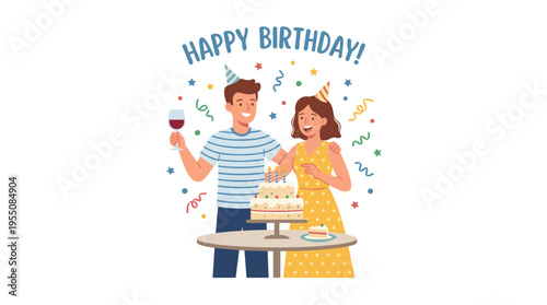 A joyous birthday party featuring a smiling couple beside a festive cake with candles and a wineglass, surrounded by excited celebrants, rendered as a flat vector illustration on a white background