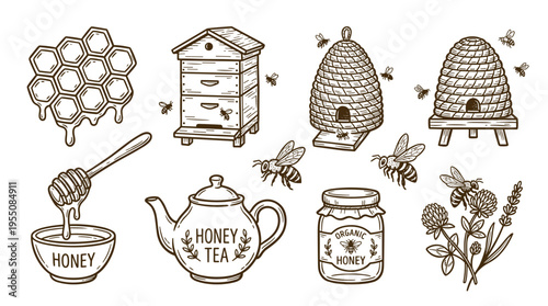 A monochrome vector illustration featuring a honey production set: honeycomb, artificial beehives, wooden dipper, bees, and a hand‑drawn retro teapot on a white background