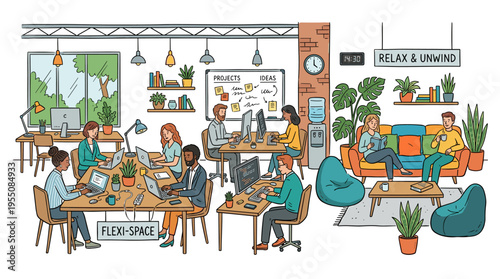 A hand‑drawn illustration of a coworking cluster featuring modern office interiors, open spaces, workstations equipped with computers, laptops, lighting, and a resting area, rendered as a colorful